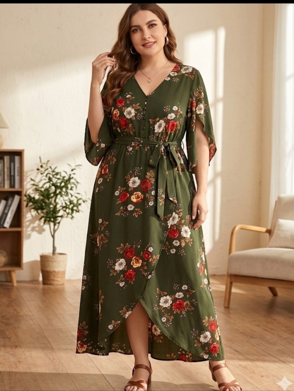 SIMPLEE  Olive Green Floral Wrap Maxi Dress with Tie Waist